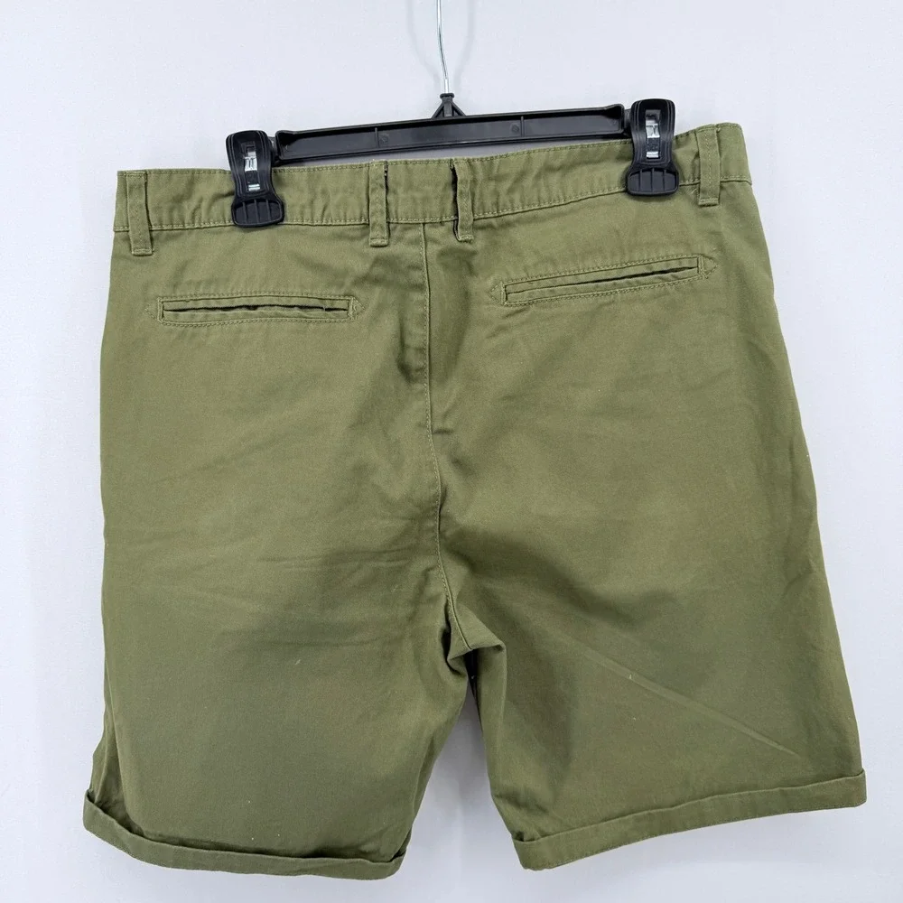 Bellfield Mens Olive Green Chino Shorts Size 34 Cotton Twill Cuffed